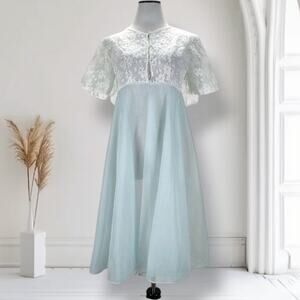 Vintage 60s Carol Brent Sheer Blue Peignoir Robe Lace Chiffon S